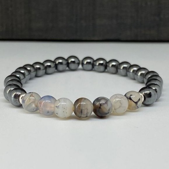 10mm Hematite & Dragon Vein Stretch Bracelet - Picture 1 of 8